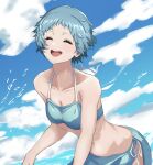  1girl absurdres alternate_costume aqua_bikini aqua_hair bikini blue_bikini breasts closed_eyes cloud collarbone highres in_water navel ocean persona persona_3 s-m-53413 short_hair sky solo splashing swimsuit yamagishi_fuuka 