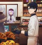  1girl 2boys alternate_costume bakery black_gloves black_hair black_hat blue_eyes blush bread buttons cabbie_hat character_print closed_eyes closed_mouth commentary_request croissant fate/grand_order fate_(series) food fou_(fate) fujimaru_ritsuka_(male) fur_trim gloves grey_hair hair_over_one_eye hat holding holding_tray indoors jest_ht90 kadoc_zemlupus looking_at_viewer mash_kyrielight multiple_boys neckerchief open_mouth pants purple_hair purple_neckerchief shirt shop short_hair smile tray twitter_username viy_(fate) white_pants white_shirt 