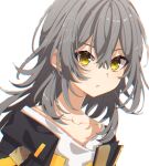  1girl black_jacket collarbone grey_hair hair_between_eyes honkai:_star_rail honkai_(series) jacket looking_at_viewer mamyouda messy_hair open_clothes open_jacket shirt simple_background solo stelle_(honkai:_star_rail) trailblazer_(honkai:_star_rail) upper_body white_background white_shirt yellow_eyes 