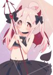  1girl ahoge bare_arms bare_shoulders belt black_belt black_bow black_choker black_skirt black_tail black_tube_top blush bow brown_eyes buckle choker cleavage_cutout clenched_hand closed_mouth clothing_cutout commentary demon_girl demon_horns demon_tail demon_wings dot_nose frilled_choker frilled_tube_top frills hair_between_eyes hands_up heart heart-shaped_buckle heart_belt highres holding_trident horn_bow horn_ornament horns long_hair looking_at_viewer midriff mochitsuki_kagami multicolored_background navel onii-chan_wa_oshimai! oyama_mahiro pink_hair red_horns red_wings sidelocks skirt solo standing strapless tail tube_top twintails wings 