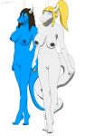  10:16 absurd_res anthro bangs big_breasts blonde_hair blue_eyes bodily_fluids breasts brown_hair claws dragon female genital_fluids genitals green_eyes hair hand_holding hi_res horn looking_at_viewer navel nipples pussy pussy_juice shazarc shy smile standing 