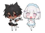 2girls :d :o animal_ears apron bell black_hair blush bow cat_ears chibi coffee_cup cup dark-skinned_female dark_skin disposable_cup hair_bow hair_ornament hairclip maid maid_headdress micchan_(ohisashiburi) multicolored_eyes multiple_girls nacchan_(ohisashiburi) ohisashiburi original pink_eyes puffy_sleeves red_eyes short_hair short_sleeves smile thighhighs tray white_hair 