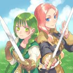  2girls back-to-back black_jacket blonde_hair blue_eyes blue_sky braid breasts brown_dress brown_gloves brown_jacket cloud cloudy_sky colored_tips commentary_request day dress eclair_seaetto gloves grass green_dress green_eyes green_hair highres holding holding_sword holding_weapon jacket light_smile long_hair looking_at_viewer medium_breasts minami_seira multicolored_hair multiple_girls outdoors pink_hair rishia_ivyred sky standing sweatdrop sword tate_no_yuusha_no_nariagari turtleneck turtleneck_jacket twin_braids uniform upper_body weapon white_dress 