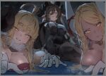  3girls :d ahoge anila_(granblue_fantasy) betabeet black_dress blonde_hair blunt_bangs breasts brown_hair cape chestnut_mouth cleavage closed_eyes draph dress fur-trimmed_cape fur_trim galleon_(granblue_fantasy) gloves granblue_fantasy horn_ornament horn_ribbon horns kumbhira_(granblue_fantasy) large_breasts light_blush looking_at_viewer lying multiple_girls on_stomach parted_bangs pointy_ears ribbon seductive_smile sitting smile thick_eyebrows white_gloves yellow_eyes 