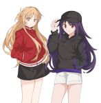  2girls aem75148978 alternate_costume asuna_(sao) black_hat black_jacket black_skirt brown_hair closed_mouth cowboy_shot hand_in_pocket hands_in_pockets hat highres jacket long_hair long_sleeves looking_at_viewer multiple_girls purple_hair red_eyes red_jacket shorts skirt sword_art_online white_background white_shorts yuuki_(sao) 