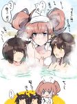  3girls atlanta_(kantai_collection) bath bathing black_hair blush breasts brown_hair closed_mouth commentary_request edel_(edelcat) eyebrows_visible_through_hair hair_between_eyes hair_flaps hatsuzuki_(kantai_collection) highres kantai_collection large_breasts long_hair looking_at_viewer multiple_girls open_mouth short_hair sitting smile towel translation_request water wet yellow_eyes 