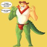 anthro big_bulge bulge candy clothed clothing crocodilian dessert food food_creature glitch_productions gummigoo_(tadc) gummy_(food) gummy_creature hat headgear headwear humanoid living_candy male male/male muscular muscular_anthro muscular_male noteshi pecs reptile scalie shy simple_background solo speech_bubble tail text the_amazing_digital_circus underwear