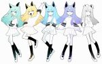 2boys 3girls :&lt; :d absurdres all_i_can_see_is_you_(vocaloid) androgynous animal_ears aqua_eyes aqua_hair arm_up black_socks blonde_hair blue_eyes blue_hair closed_mouth collared_shirt commentary_request fang floppy_ears full_body grey_eyes grey_hair highres kneehighs long_hair long_sleeves looking_at_viewer mary_janes multiple_boys multiple_girls open_mouth own_hands_together personality_i personality_ii personality_iii personality_iv personality_v pleated_skirt purple_eyes purple_hair shirt shoes skin_fang skirt sleeves_past_wrists smile socks sweatdrop umenatto710 vocaloid waving white_footwear white_shirt white_skirt yellow_eyes 
