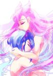  1boy 1girl blue_hair closed_eyes couple eyelashes gym_leader hetero hibikileon hug long_hair mikuri_(pokemon) nagi_(pokemon) nude pink_hair pokemon pokemon_special simple_background white_background 