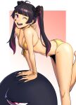  1girl ;d ahoge ass bent_over bikini black_hair blunt_bangs bow bracelet breasts dyun earrings facial_mark from_side gold_bikini hair_bow highres jewelry leaning_on_animal long_hair looking_at_viewer medium_breasts multicolored_hair one_eye_closed open_mouth original purple_eyes purple_hair smile solo star_(symbol) star_in_eye streaked_hair stud_earrings swimsuit symbol_in_eye teeth twintails 