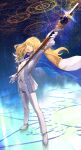  1boy ascot blonde_hair blue_ascot blue_cape blue_eyes buttons cape collared_shirt fate/grand_order fate_(series) gloves hair_between_eyes highres holding holding_staff jacket kirschtaria_wodime long_hair long_sleeves magic_circle open_clothes open_jacket open_mouth pants shirt staff studded_jacket suit swallow165 two-sided_cape two-sided_fabric white_cape white_footwear white_gloves white_pants white_shirt white_suit 