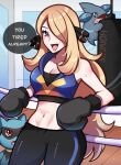  1girl :d abs absurdres alternate_costume alternate_eye_color black_pants blonde_hair blue_eyes boxing_gloves boxing_ring breasts collarbone cynthia_(pokemon) english_text gible hair_over_one_eye highres large_breasts leaning_back long_hair looking_at_viewer midriff navel open_mouth pants pokemon pokemon_(creature) pokemon_dppt punching_bag riolu rope smile speech_bubble sports_bra stomach sweat touyarokii very_long_hair workout_clothes yoga_pants 
