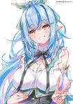  1girl ahoge bare_shoulders blue_hair blush breasts cleavage elf heart heart_ahoge highres hololive hong_(white_spider) large_breasts long_hair long_sleeves looking_at_viewer multicolored_hair pointy_ears smile solo streaked_hair virtual_youtuber yellow_eyes yukihana_lamy 