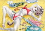 anthro clothing female happy lingerie lying lying_on_ground mammal mustelid musteline on_back small_waist solo tail thin_tail tools true_musteline weapon weasel zina 