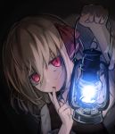  1girl absurdres black_background black_dress blonde_hair bow dress eyebrows_visible_through_hair hair_bow hair_ribbon hand_on_own_cheek highres holding_lantern lantern lit_ter long_sleeves looking_at_viewer red_eyes ribbon rumia shirt short_hair staring touhou white_shirt 