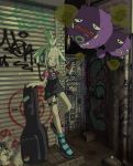  1girl alley alternate_costume armband bad_proportions bangs_pinned_back black_dress blue_eyes blush boots collar dress forehead full_body gen_1_pokemon graffiti guitar_case hair_bobbles hair_ornament headphones highres homika_(pokemon) instrument_case koffing leaning_back long_legs looking_at_viewer miniskirt mismatched_footwear mixed_media mkrn_grtn off-shoulder_shirt off_shoulder overhead_door pinafore_dress pink_shirt platinum_blonde_hair poke_ball pokemon pokemon_(game) pokemon_bw2 poster_(object) shirt short_hair skirt standing standing_on_one_leg sticker studded_bracelet thigh_strap tongue tongue_out torn_clothes trash_bag tsurime weezing white_hair 
