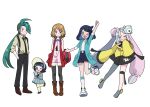  5girls ;d arm_up arms_behind_back bare_shoulders black_hair black_necktie black_thighhighs blonde_hair blue_eyes blue_hair blue_jacket blush_stickers bow-shaped_hair brown_footwear character_hair_ornament closed_eyes collared_shirt dress full_body green_hair grey_pantyhose hair_ornament hairclip hand_in_pocket highres iono_(pokemon) jacket leg_up liko_(pokemon) long_hair looking_at_another looking_at_viewer miin_(toukotouya) multiple_girls necktie one_eye_closed open_clothes open_jacket open_mouth pants pantyhose pink_dress pink_hair pokemon pokemon_(anime) pokemon_horizons pokemon_sv pokemon_xy_(anime) ponytail poppy_(pokemon) rika_(pokemon) serena_(pokemon) sharp_teeth shirt shoes short_hair shorts single_leg_pantyhose sleeves_past_fingers sleeves_past_wrists smile suspenders teeth thigh_strap thighhighs twintails very_long_hair white_background white_footwear white_shirt yellow_jacket 