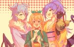  3girls :d alternate_costume aqua_kimono asymmetrical_arms blonde_hair blue_eyes blue_hair blush bottle breasts choker cleavage closed_mouth cross-shaped_pupils elira_pendora fang fur_trim gourd hair_ornament hairclip head_wings heterochromia highres japanese_clothes kimono long_hair long_sleeves maplesights medium_hair multiple_girls nijisanji nijisanji_en open_mouth pointy_ears pomu_rainpuff ponytail purple_eyes purple_hair red_eyes sake_bottle sash selen_tatsuki skin_fang slit_pupils smile sweat symbol-shaped_pupils tail upper_body virtual_youtuber wings yellow_kimono 