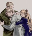  1boy 2girls blonde_hair blue_dress blush boy_and_girl_sandwich brother_and_sister choker closed_eyes commentary_request crying dress dungeon_meshi ear_blush elf falin_touden fang green_shirt grey_background highres hug hug_from_behind laios_touden light_blush light_brown_hair long_hair marcille_donato medium_hair multiple_girls nahnohk one_eye_closed open_mouth pointy_ears ponytail red_choker red_ribbon ribbon sandwiched shirt short_hair siblings slit_pupils spoilers upper_body very_long_hair white_dress yellow_eyes 