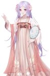  1girl absurdres chinese_clothes dress flower full_body hair_flower hair_ornament hand_fan hanfu highres holding holding_fan long_hair long_sleeves looking_at_viewer open_mouth parted_bangs pink_eyes purple_hair qixiong_ruqun red_eyes ruqun simple_background smile solo standing tuanshan twintails very_long_hair white_background 