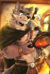 anthro bodily_fluids canid canine canis cooking egg far_beyond_the_world_(series) fried_egg fur grey_body grey_fur hi_res luck_like male mammal muscular muscular_anthro muscular_male nipples pecs ranok_(far_beyond_the_world) solo sweat wolf