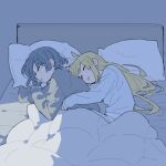  2girls ahoge artist_name black_shirt blonde_hair blue_hair blush bocchi_the_rock! cuddling ijichi_nijika indoors long_hair long_sleeves mole mole_under_eye multiple_girls night on_bed open_mouth parted_lips pillow ree_(re-19) shirt short_hair sleeping under_covers white_shirt yamada_ryo yuri 