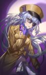  1girl absurdres brown_coat brown_hat cabbie_hat coat commentary cowboy_shot gloves green_eyes grey_hair hat head_wings highres honkai:_star_rail honkai_(series) kinokoneko long_sleeves looking_at_viewer official_alternate_costume parted_lips purple_gloves robin_(honkai:_star_rail) solo standing sunglasses wings 