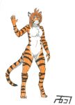  absurd_res animal_humanoid breasts chest_tuft colored_pencil_(artwork) featureless_breasts featureless_crotch felid female flora_(twokinds) frenzy657 gesture hi_res humanoid keidran mammal nude pantherine solo tiger traditional_media_(artwork) tuft twokinds waving 