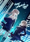  2girls artoria_pendragon_(all) bangs bare_shoulders black_dress blonde_hair blue_jacket breasts city_lights cityscape dress dutch_angle english_commentary excalibur fate_(series) fur_trim gogatsu_fukuin happy_valentine highres jacket jeanne_d&#039;arc_(alter)_(fate) jeanne_d&#039;arc_(fate)_(all) jet_black_king_of_knights_ver._shinjuku_1999 large_breasts multiple_girls night off_shoulder saber_alter short_hair signature silver_hair sky star_(sky) starry_sky wicked_dragon_witch_ver._shinjuku_1999 yellow_eyes zipper 