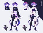  1girl alternate_costume asymmetrical_arms asymmetrical_clothes asymmetrical_legwear belt black_gloves black_pants dated dragoon_(selen_tatsuki) ember_(selen_tatsuki) english_text full_body gloves goggles goggles_on_head medium_hair multiple_views navel nijisanji nijisanji_en pants purple_belt purple_hair r2salt reference_sheet selen_tatsuki single_glove straight-on strapless tail tube_top twintails twitter_username typo virtual_youtuber white_background 