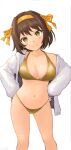  1girl bikini blush breasts brown_hair cleavage closed_mouth collarbone commentary_request cowboy_shot gold_bikini gyupolo9 hair_ribbon halterneck hands_on_own_hips head_tilt highres jacket large_breasts long_sleeves looking_at_viewer medium_hair navel open_clothes open_jacket ribbon simple_background smile solo standing string_bikini suzumiya_haruhi suzumiya_haruhi_no_yuuutsu swimsuit white_background white_jacket yellow_ribbon 