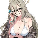  1girl :d adjusting_eyewear akane_(blue_archive) arm_under_breasts bikini blue_archive blue_ribbon breasts cleavage commentary_request grey_eyes grey_hair grey_halo grey_shirt hair_ribbon halo hand_up highres large_breasts light_blush long_hair looking_at_viewer plaid plaid_shirt rectangular_eyewear ribbon shirt simple_background smile solo straight-on swimsuit upper_body white_background white_bikini xiaoxiao_de_kuangsan 