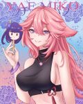  1girl absurdres animal_ears bare_shoulders black_shirt breasts character_name commentary crop_top food fox_ears genshin_impact grin hair_between_eyes hand_up highres holding holding_food holding_popsicle hollow_mimikyu large_breasts long_hair looking_at_viewer midriff pink_hair popsicle purple_eyes raiden_shogun shirt sideboob sleeveless sleeveless_shirt smile upper_body very_long_hair yae_miko 
