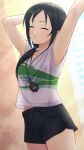  1girl aoki_kei arm_behind_head arm_up armpits black_hair black_shorts breasts closed_eyes collarbone cowboy_shot dot_nose hair_ornament hairpin hand_out_of_frame highres idolmaster idolmaster_cinderella_girls idolmaster_cinderella_girls_starlight_stage light_blush parted_bangs parted_lips shorts sidelocks sleeveless small_breasts solo sparkle standing stopwatch stretching sweat taba_neruko trainer_(idolmaster) 