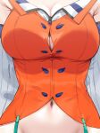  1girl armpit_crease arms_at_sides breasts button_gap cleavage close-up collared_shirt crop_top facing_viewer head_out_of_frame hews highres hololive hololive_english large_breasts navel orange_shirt shirt solo suspenders tagme takanashi_kiara virtual_youtuber white_sleeves zipper_pull_tab 