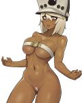  1girl ass_visible_through_thighs bandaid bandaid_on_pussy bangs beltbra bottomless breasts cameltoe cleavage collarbone cowboy_shot dark_skin donburikazoku groin guilty_gear guilty_gear_xrd hair_between_eyes hat highres large_breasts lips looking_down navel open_mouth orange_eyes platinum_blonde_hair ramlethal_valentine sharp_teeth simple_background skindentation solo standing teeth thighs underboob upper_teeth white_background 