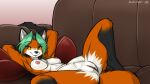  anthro areola breasts canid canine digital_media_(artwork) female fox fur furniture genitals green_hair hair hi_res jackunator looking_at_viewer lying mammal nipples nude pussy red_body red_fox red_fur smile sofa solo spread_legs spreading tail true_fox white_body white_fur 
