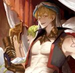  1boy 1other abs arabian_clothes bare_pectorals blonde_hair claw_ring collar cropped_vest cup earrings enkidu_(fate) fate/grand_order fate_(series) gilgamesh_(caster)_(fate) gilgamesh_(fate) green_hair hair_between_eyes highres holding holding_cup jewelry long_hair looking_at_viewer male_focus metal_collar no_nipples open_mouth pectorals reading red_eyes short_hair shoulder_tattoo tattoo teeth turban upper_body upper_teeth_only vambraces vest zuraa_(naunau_seijin) 