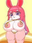 2024 ambiguous_clothing anthro areola bangs big_areola big_breasts big_nipples bikini bikini_bottom blue_eyes blush blush_lines bodily_fluids breasts camel_toe clothed clothing curvy_figure female fur gold_bikini hair hi_res huge_breasts kyosyurbl lagomorph leporid long_ears long_hair looking_at_viewer mammal multicolored_body multicolored_fur nipples open_mouth pink_areola pink_body pink_fur pink_nipples rabbit red_hair short_stack simple_background solo standing sweat swimwear thick_thighs topless two_tone_body two_tone_fur voluptuous white_body white_fur wide_hips yellow_background
