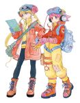  2girls adjusting_clothes adjusting_gloves azuma_kiyohiko backpack bag bangs blonde_hair blue_eyes blush boots eyebrows_visible_through_hair full_body gloves goggles goggles_on_head goggles_on_headwear hand_on_hip hat headphones highres holding jacket long_hair long_sleeves multiple_girls official_art open_mouth pants patch pink_eyes pink_hair pocket reset_(wonder_festival) short_hair simple_background smile spiked_hair standing turtleneck twintails wanda_(wonder_festival) white_background wonder_festival wonder_festival_mascots 