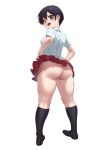  absurdres ass back black_hair breasts brown_eyes carbon12th full_body highres kneehighs looking_back no_panties open_mouth original red_skirt shirt short_sleeves skirt small_breasts smile socks white_shirt 
