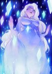  1girl absurdres ass_visible_through_thighs blue_eyes breasts covered_navel crystal curvy dark_background dress elsa_(frozen) from_below frozen_(disney) frozen_2 frozen_ii_(disney) gofa highres huge_filesize ice long_hair looking_at_viewer looking_down medium_breasts open_hands paid_reward patreon_reward see-through silver_hair smile solo sparkle thick_thighs thighs very_long_hair wide_hips 
