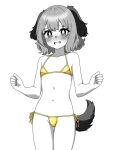  1girl animal_ears bikini blush collarbone commentary dog_ears dog_girl dog_tail flat_chest gold_bikini groin kasodani_kyouko looking_at_viewer micro_bikini navel onkn_sxkn open_mouth partially_colored short_hair solo swimsuit tail touhou 