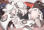  1girl animal_ear_fluff animal_ears animal_print arknights blue_eyes commentary_request grey_hair grey_legwear highres kashiyarrm leopard_ears leopard_print leopard_tail looking_at_viewer lying on_side parted_lips pramanix_(arknights) solo tail tail_hug thighhighs 