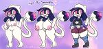 anthro big_breasts bottomwear breasts clothing female footwear generation_2_pokemon genitals hair hi_res jacket lewdchuu_(artist) model_sheet nintendo nipples pink_eyes pink_nipples pokemon pokemon_(species) purple_hair pussy shirt shoes skirt smeargle socks solo tail thick_thighs topwear white_body