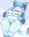  2024 4_fingers accessory anthro arm_tuft big_breasts bikini blue_eyes blue_sclera blush bow_ribbon breasts butt butt_from_the_front chest_tuft clothing cute_fangs eeveelution eyebrows eyelashes female fingers generation_4_pokemon glaceon glistening glistening_bikini glistening_clothing glistening_swimwear gloves_(marking) gold_bikini hair_accessory hair_bow hair_ribbon heart_symbol leg_markings markings nintendo pokemon pokemon_(species) ribbons rikose shoulder_tuft socks_(marking) solo swimwear thick_thighs tuft twin_bows twin_hair_bows wide_hips 