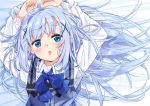  1girl arms_up bangs blue_bow blue_eyes blue_hair blue_vest blush bow collared_shirt commentary_request dress_shirt eyebrows_visible_through_hair gochuumon_wa_usagi_desu_ka? hair_ornament hair_spread_out highres kafuu_chino long_hair long_sleeves looking_at_viewer lying mousou_(mousou_temporary) on_back open_mouth rabbit_house_uniform shirt solo uniform upper_body vest waitress white_shirt x_hair_ornament 