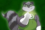  2019 anthro belly cute_fangs fur green_background grey_body grey_fur humanoid_hands male mammal mask overweight overweight_male pandaemondx procyonid raccoon simple_background solo 