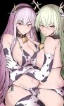  2girls animal_ears animal_print antlers bell bikini black_background black_collar black_hairband blush breasts ceres_fauna cleavage collar cow_ears cow_horns cow_print cow_print_bikini cow_print_gloves cowbell elbow_gloves fake_horns gloves green_hair hair_between_eyes hairband highres hololive hololive_english horns large_breasts long_hair looking_at_viewer mole mole_under_eye mori_calliope multiple_girls navel neck_bell pink_eyes pink_hair print_bikini print_gloves print_thighhighs sak1_01 simple_background swimsuit thighhighs v-shaped_eyebrows very_long_hair virtual_youtuber yellow_eyes 