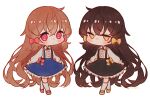  2girls brown_hair dress enjel full_body goldia_die_heilige hn_(artist) long_sleeves multiple_girls pinafore_dress pink_eyes pink_ribbon pocket_mirror ribbon shirt sleeveless sleeveless_dress white_shirt yellow_eyes yellow_ribbon 